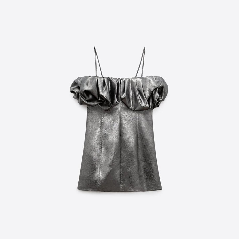 NWT Zara metallic silver shine effect voluminous ruffle detail mini dress, M - Picture 5 of 10